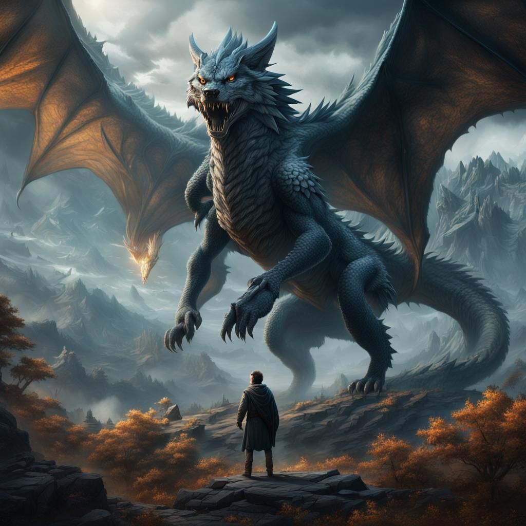 Wolf and Dragon in Wilderness: Epic Digital Painting