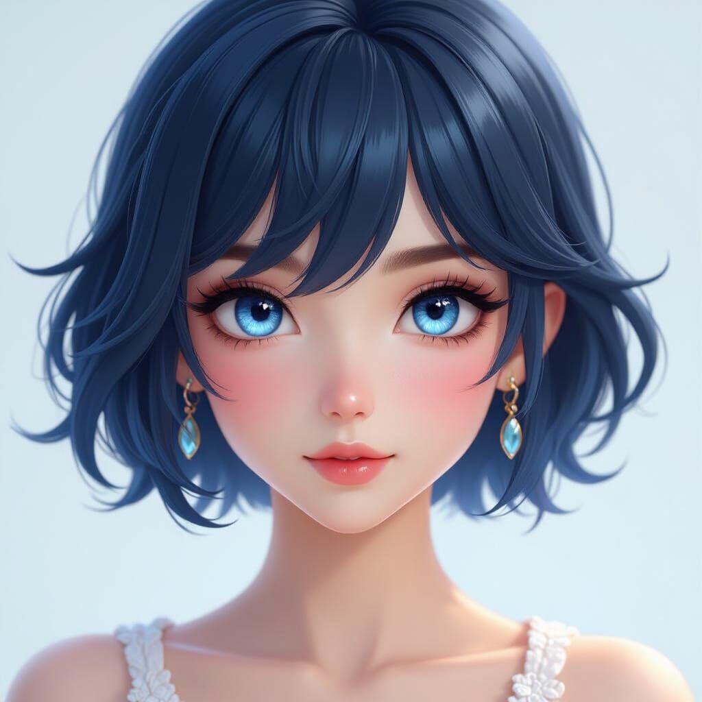 Pretty Woman with Dark Blue Hair and Blue Eyes in 3D Anime S...