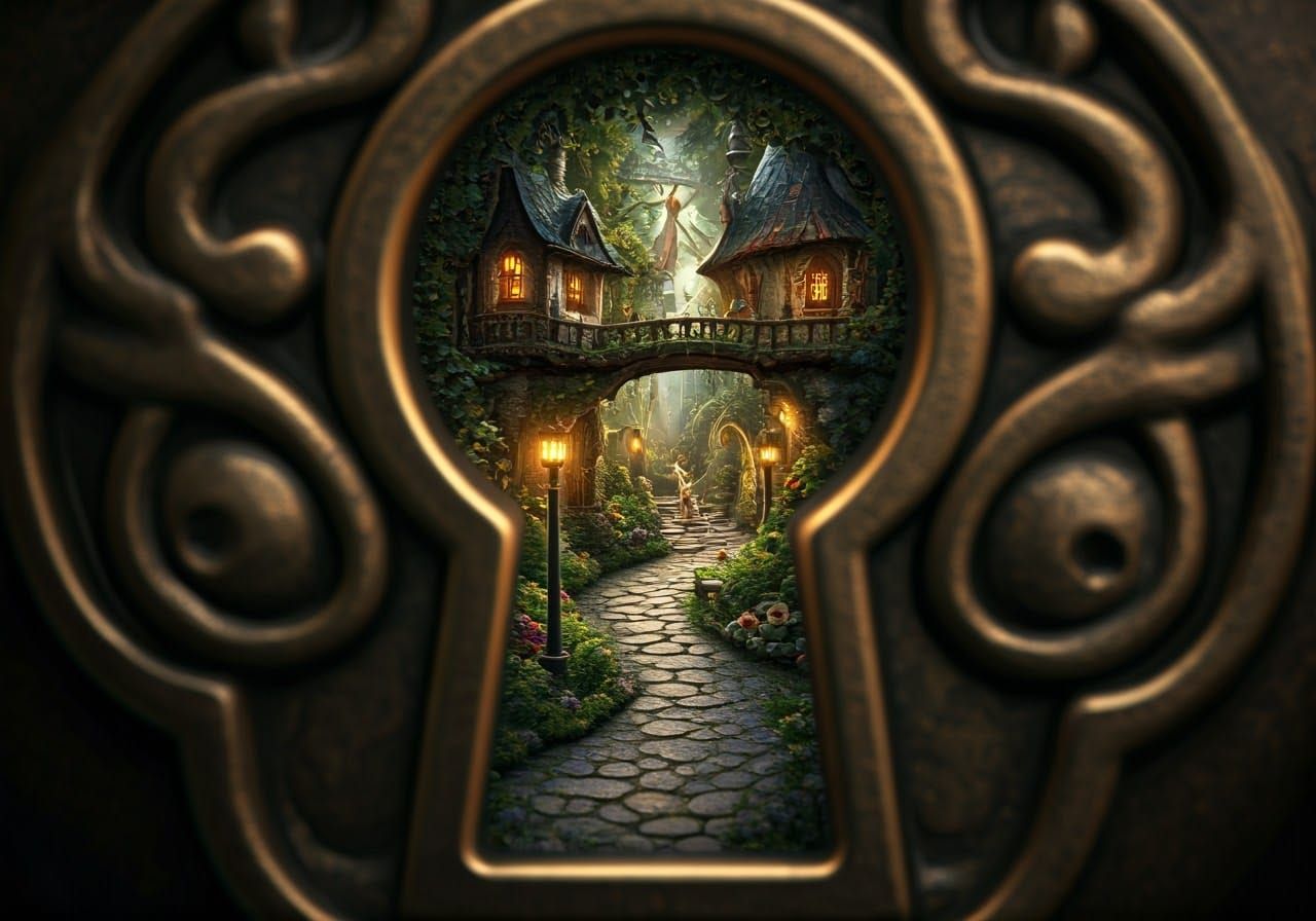 Fairy Village Hidden Inside Ornate Keyhole