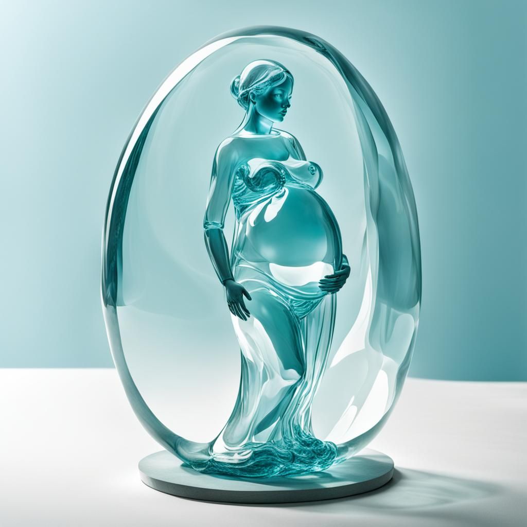 Transparent statue of glass pregnant woman with a visible child inside the womb