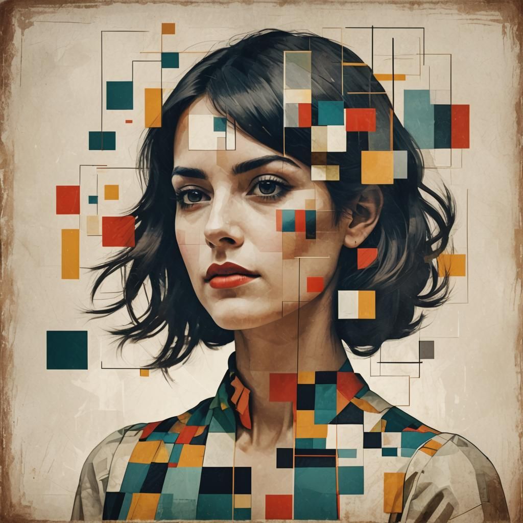 Bauhaus-Inspired Double Exposure: Woman and Geometric Art