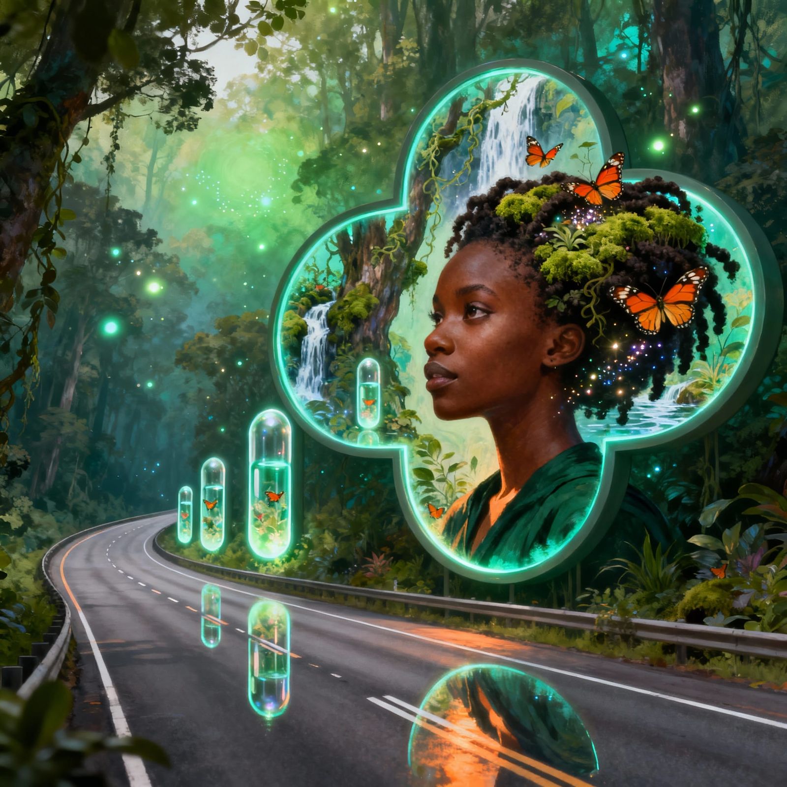 Afrofuturist Woman in Lush Forest Highway