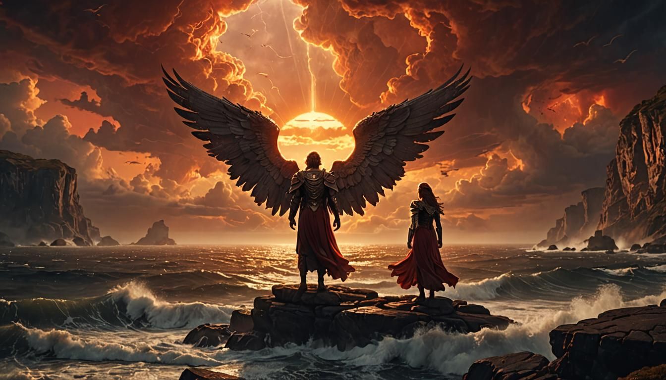Angels Guard Fiery Sunset in Digital Matte Painting