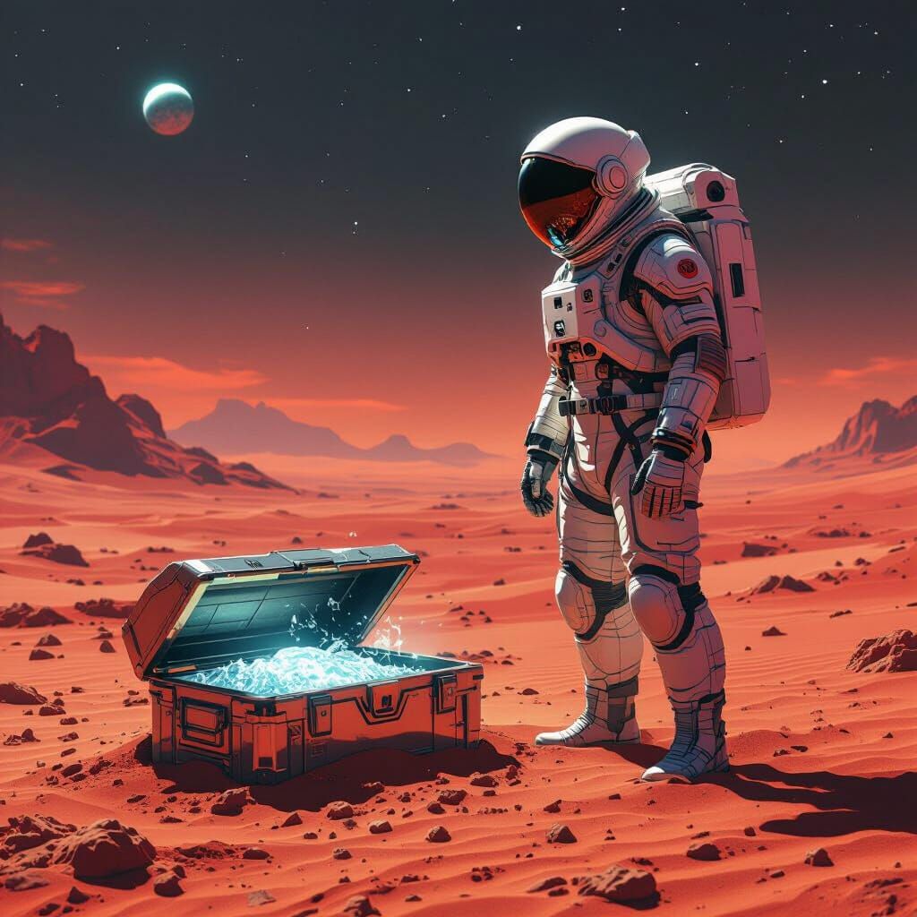 Astronaut Discovers Futuristic Chest on Crimson Alien Planet
