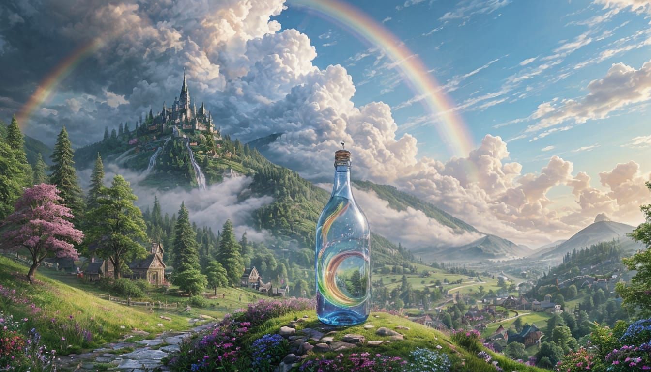 Rainbow Pouring Over Whimsical Fantasy Landscape