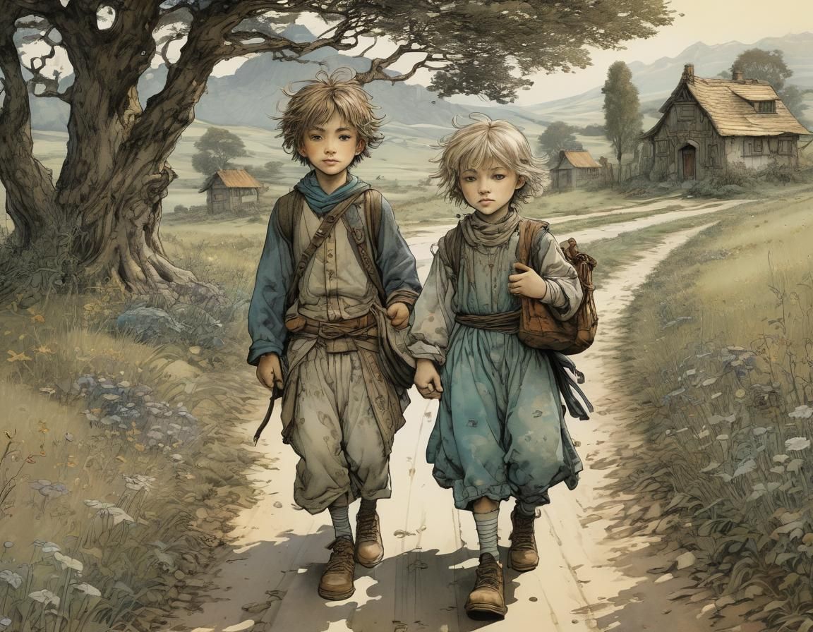 Whimsical Siblings' Road Adventure in Vibrant Colors