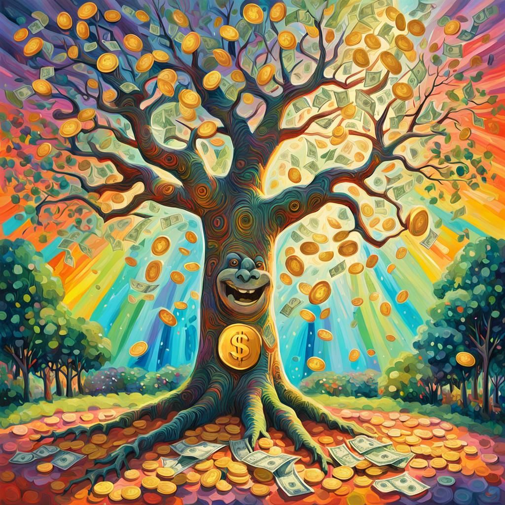 Money Tree with Smiling Trunk in Surrealist Garden