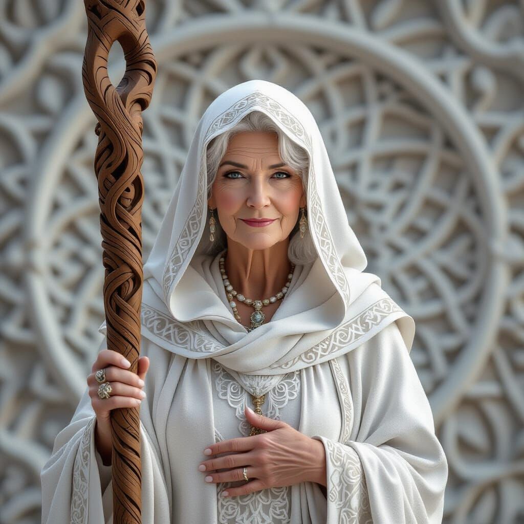 Elderly Druid in White Robes Holding Carved Staff