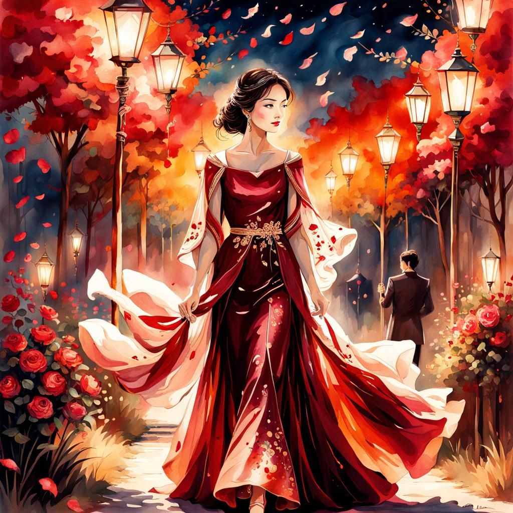 Woman in Ruby Gown Walking a Lantern-lit Path