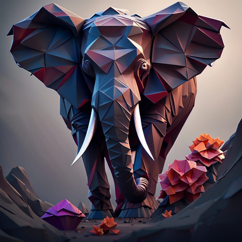 Detailed Origami Elephant in Dark Fantasy Style