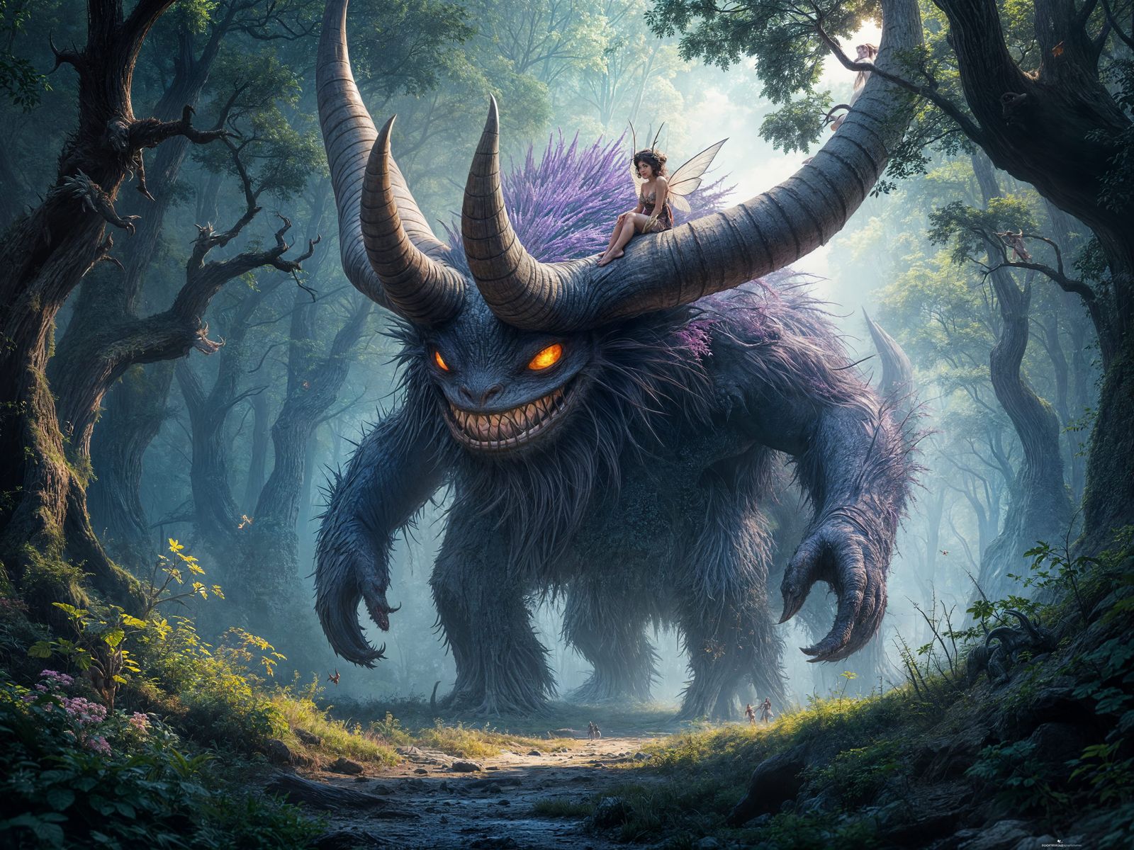 Whimsical Colossal Beast with Fairy in Dark Fantasy Forest