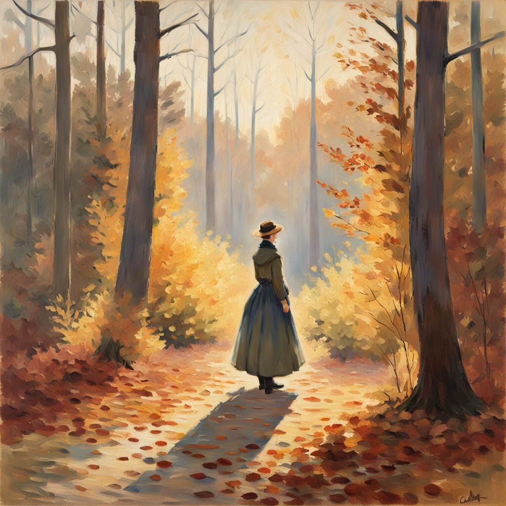 Impressionist Woman in Autumn Forest