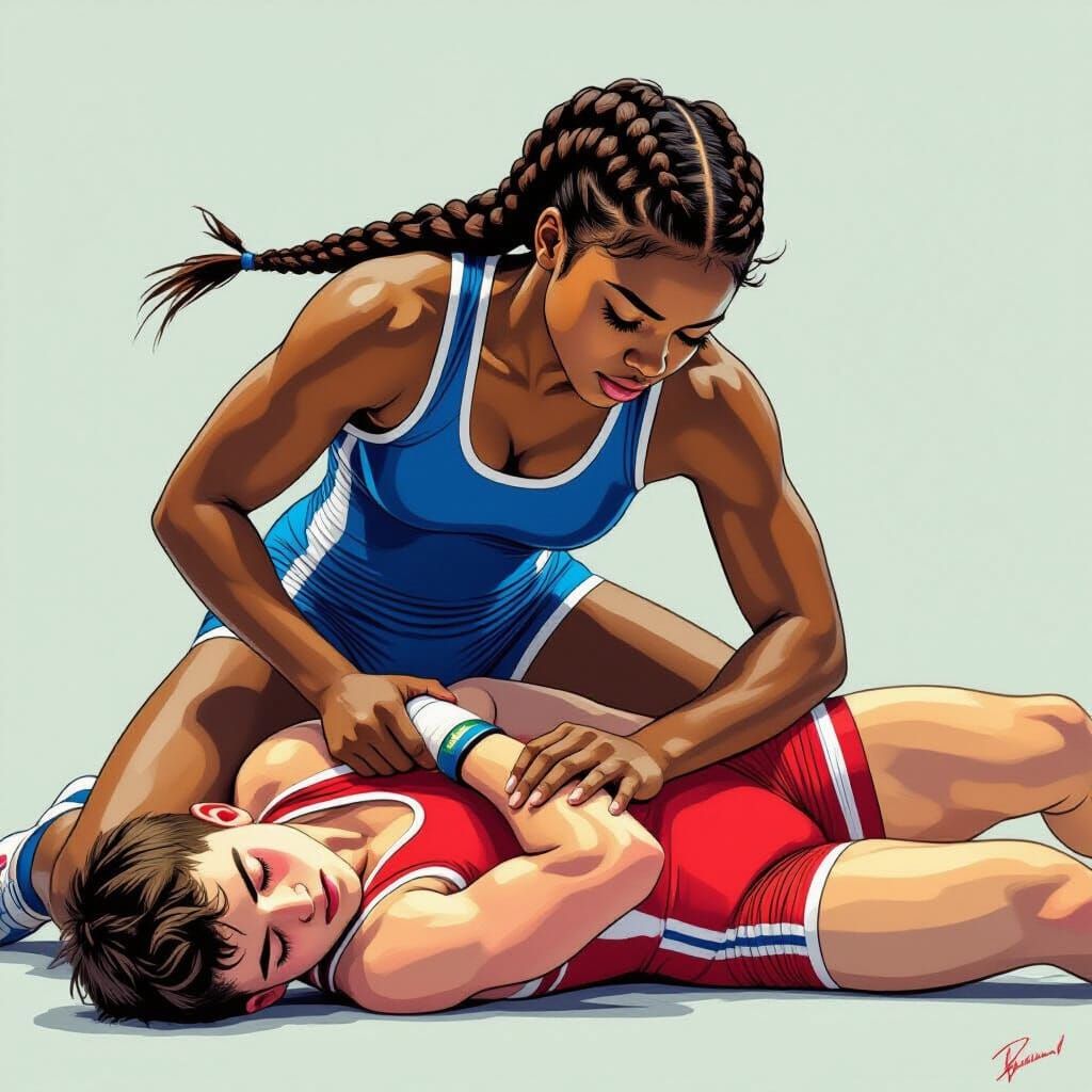 Dynamic Teen Wrestling Match in Digital Art Style