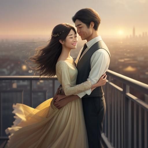 Romantic Asian Couple in Digital Oil Painting