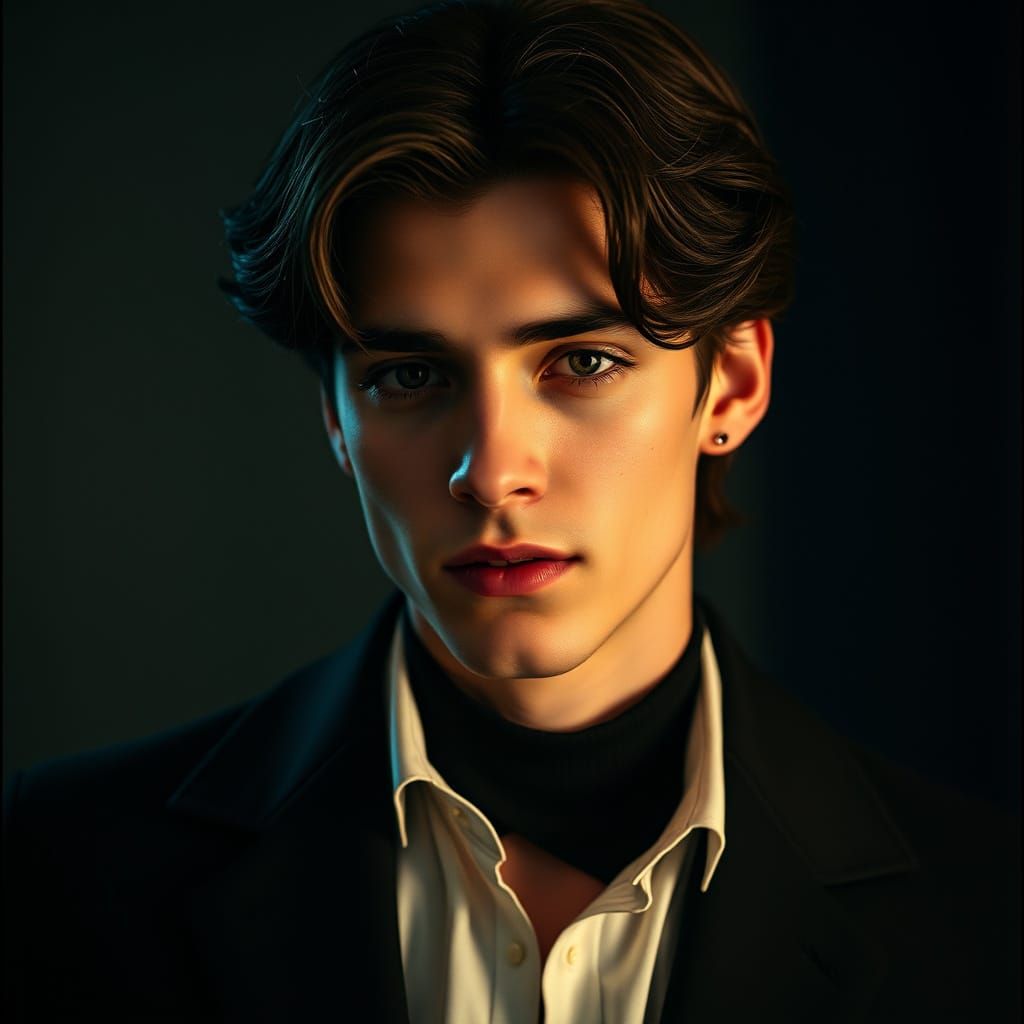 Charismatic Young Fashion Icon in Cinematic Film Still