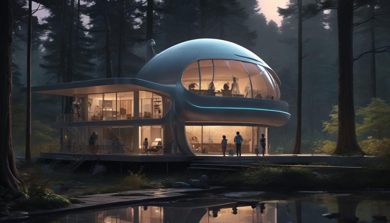 ultra modern house in a forest by a river, early even...