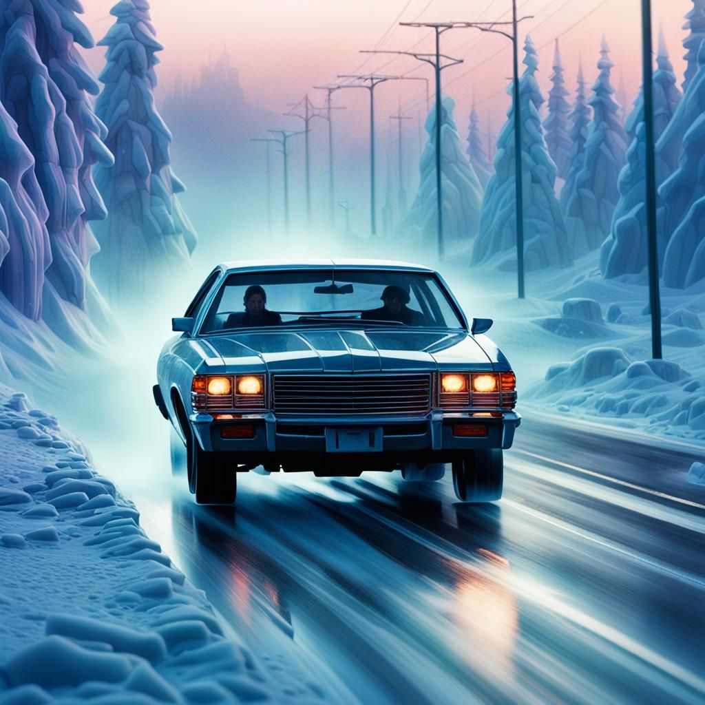 Futuristic Car on Frozen Highway in Motion Blur
