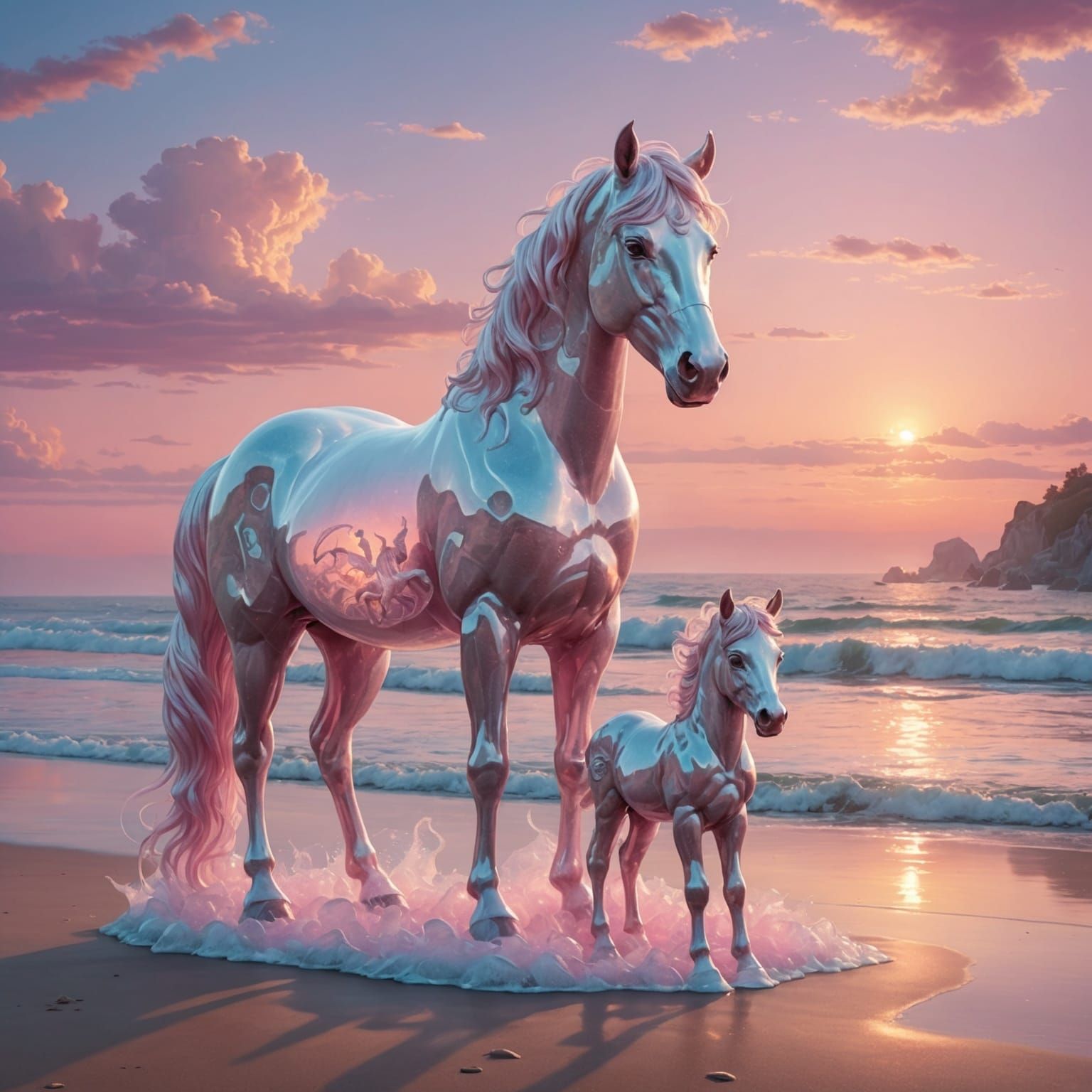A jelly sculpture of a pink and white horse and her foal on ...