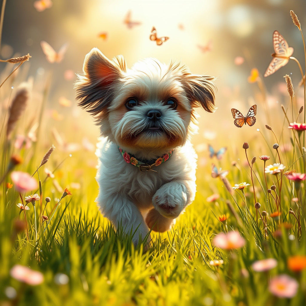 Shih Tzu Chasing Butterflies in Fantasy Meadow