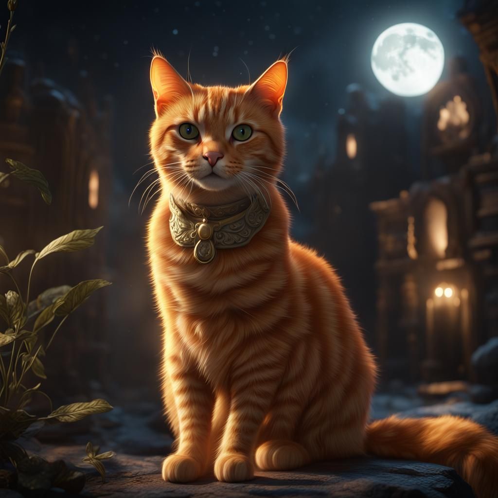 Orange Tabby Cat in Moon Light: Detailed Art