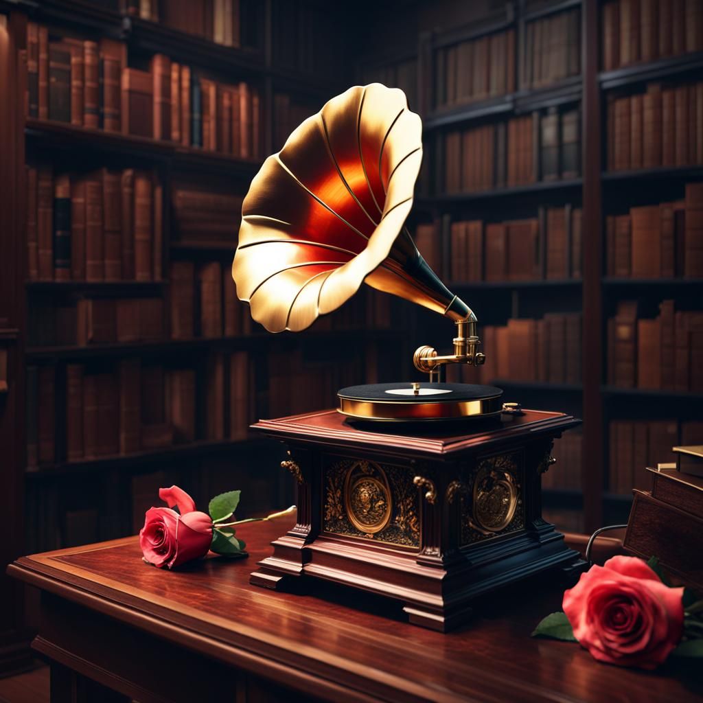 Gramophone and Roses in Library, Concept Art