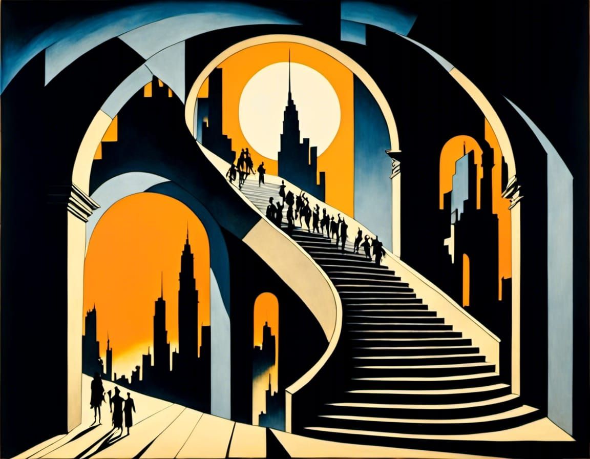 Dystopian Cityscape with Androids and Infinite Stairways