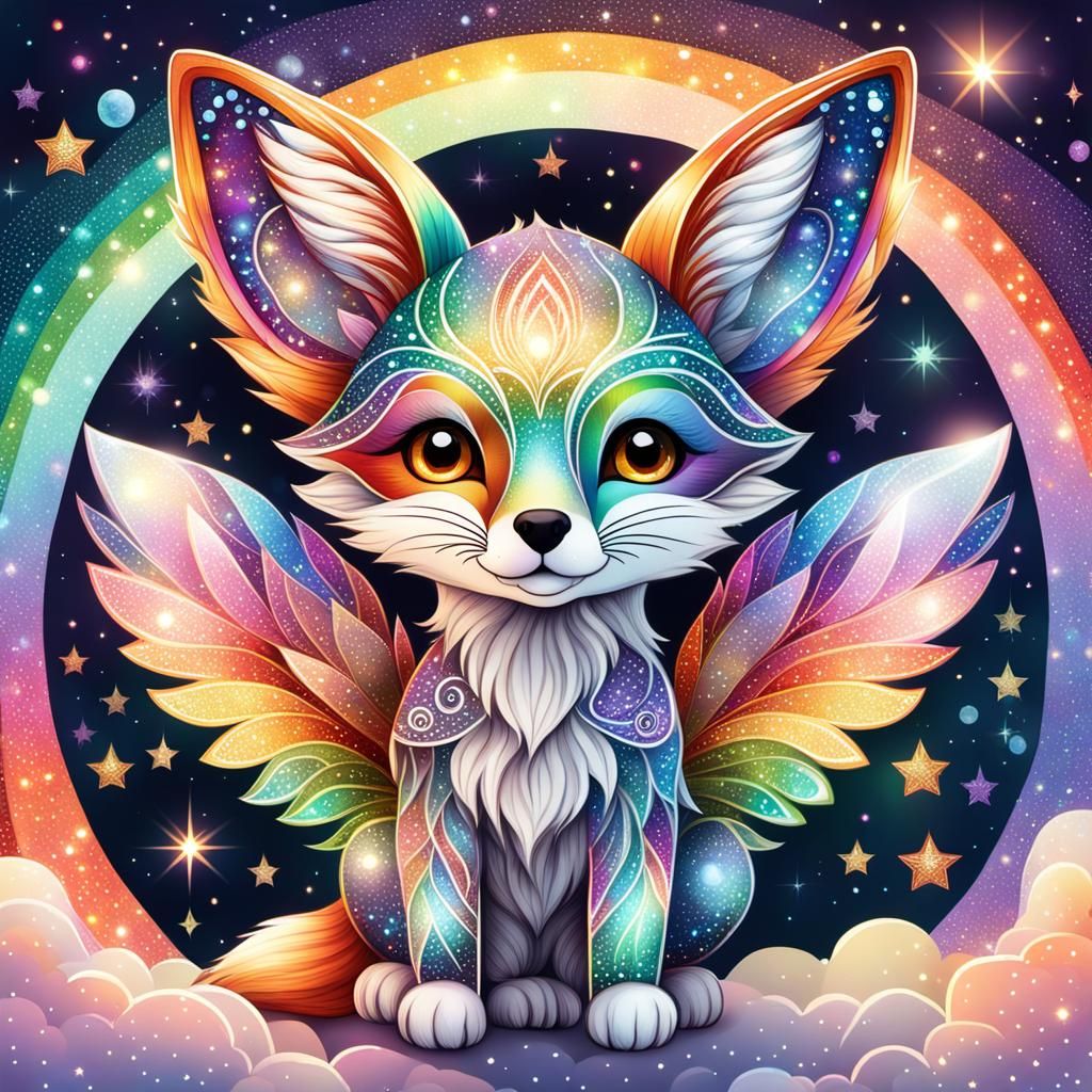 Toddler and Fox with Iridescent Zentangle Wings