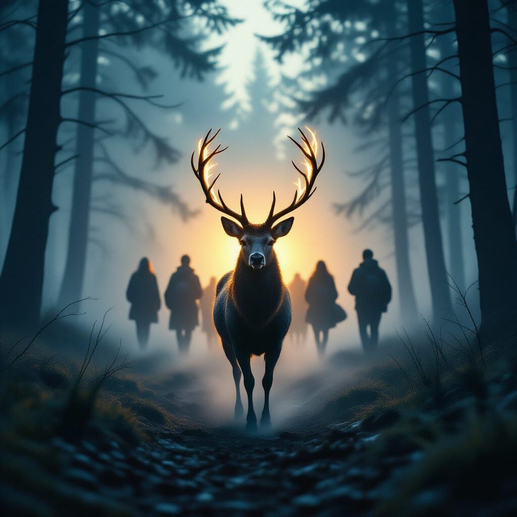 Mystical Deer Leads Travelers in Film Noir Style