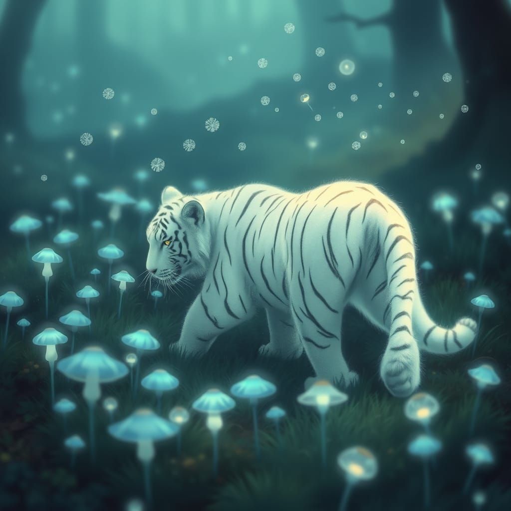 White Tiger in Glowing Mushroom Field, Anime Style