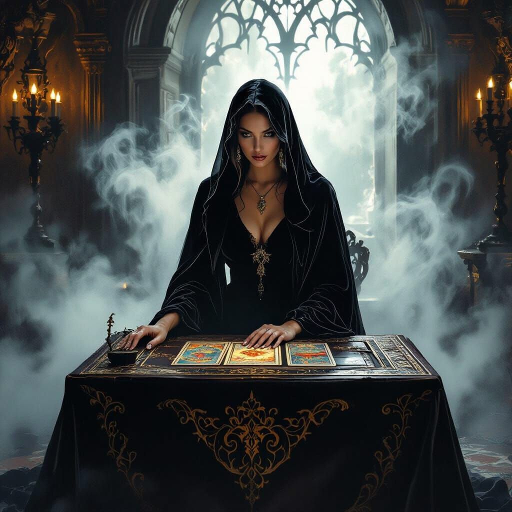 Mystical Tarot Reading in Dimly Lit Chamber