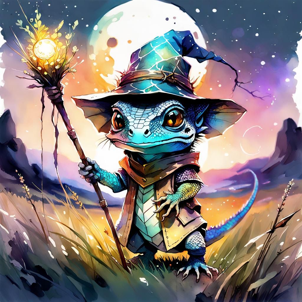 Cute Lizard Wizard in Night Meadow, Digital Watercolor