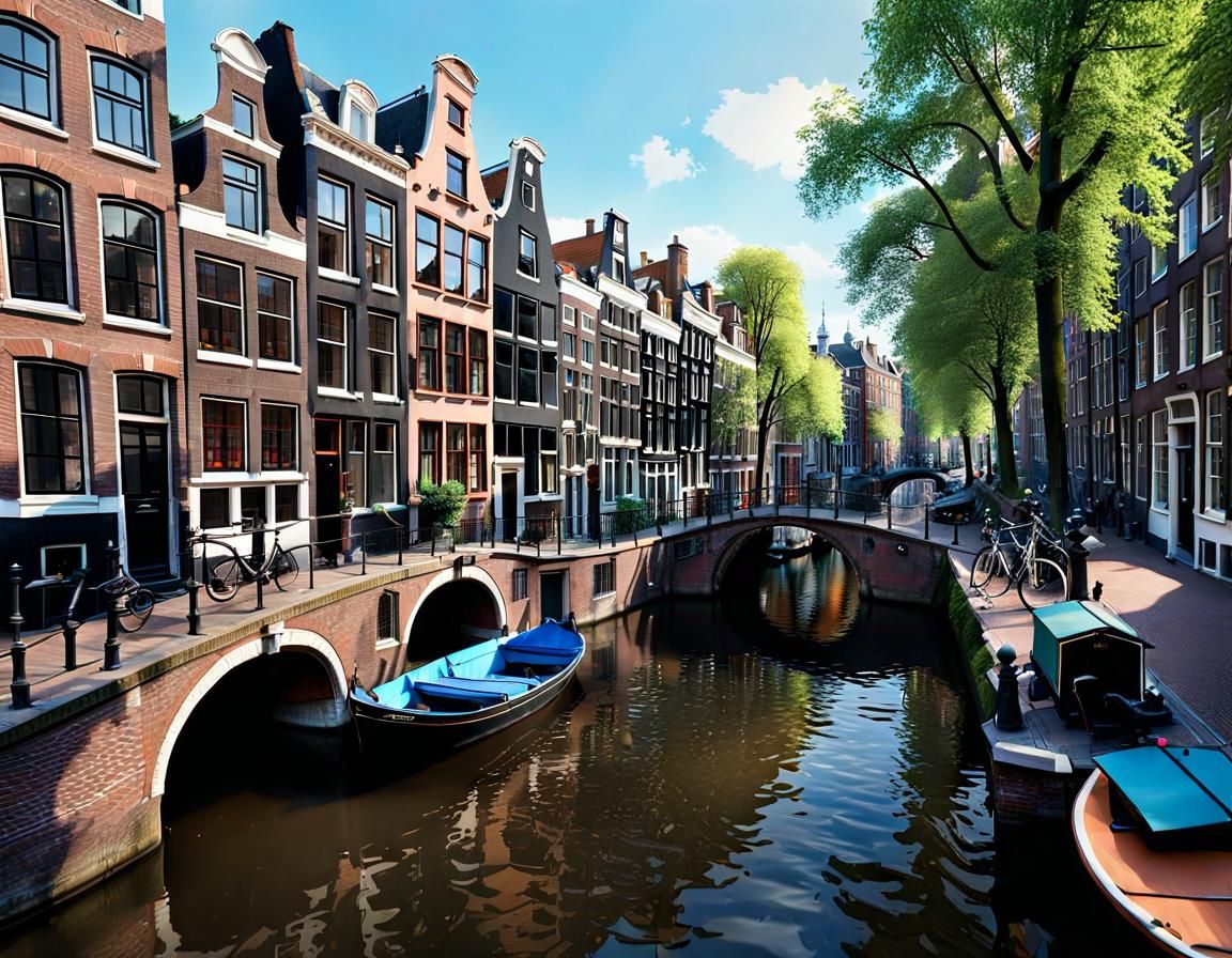 Amsterdam Canal Scene in Impressionist Gouache Style