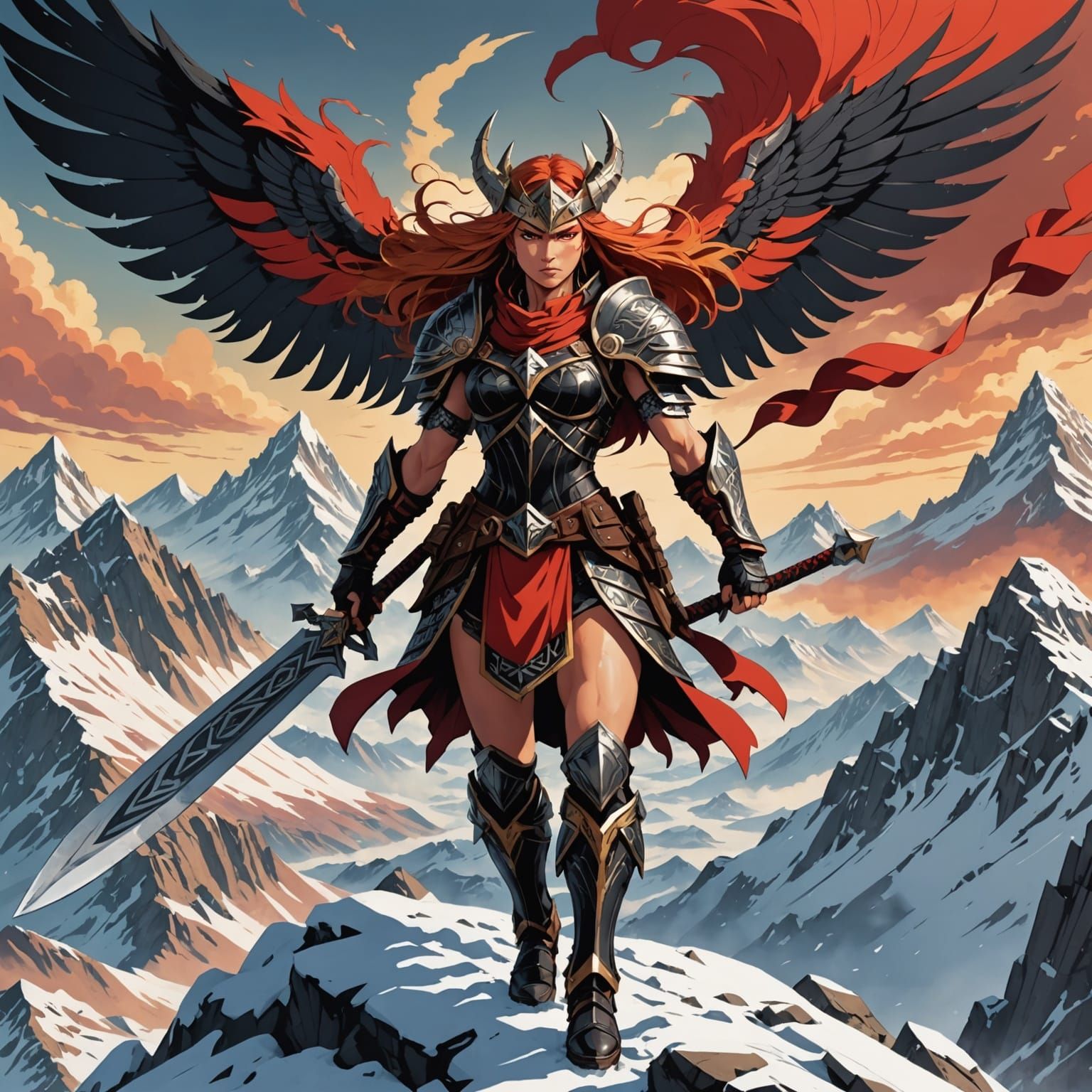 Muscular Valkyrie on Mountain Peak in Anime Style