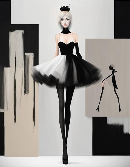 Woman in a Short Tutu Dress, Black and White Figurative Art