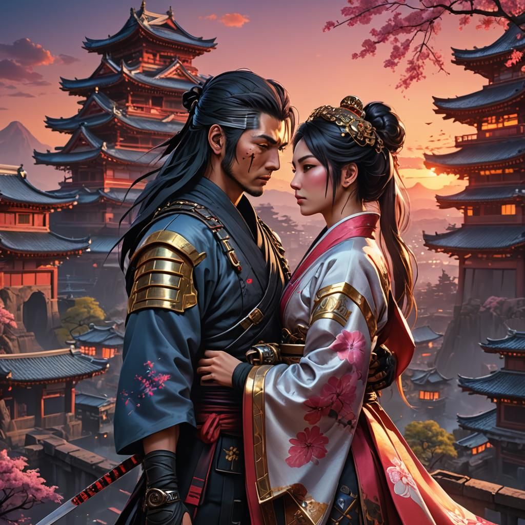 Cyberpunk Ninja and Princess Embrace at Sunset