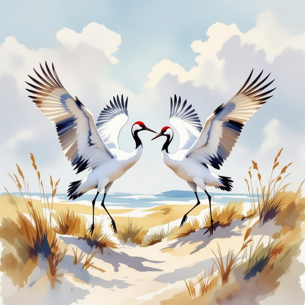 Sandhill Cranes Taking Flight: Acrylic Watercolor Painting