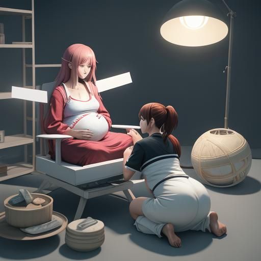 Pregnant Woman Giving Birth in 3D Anime Art