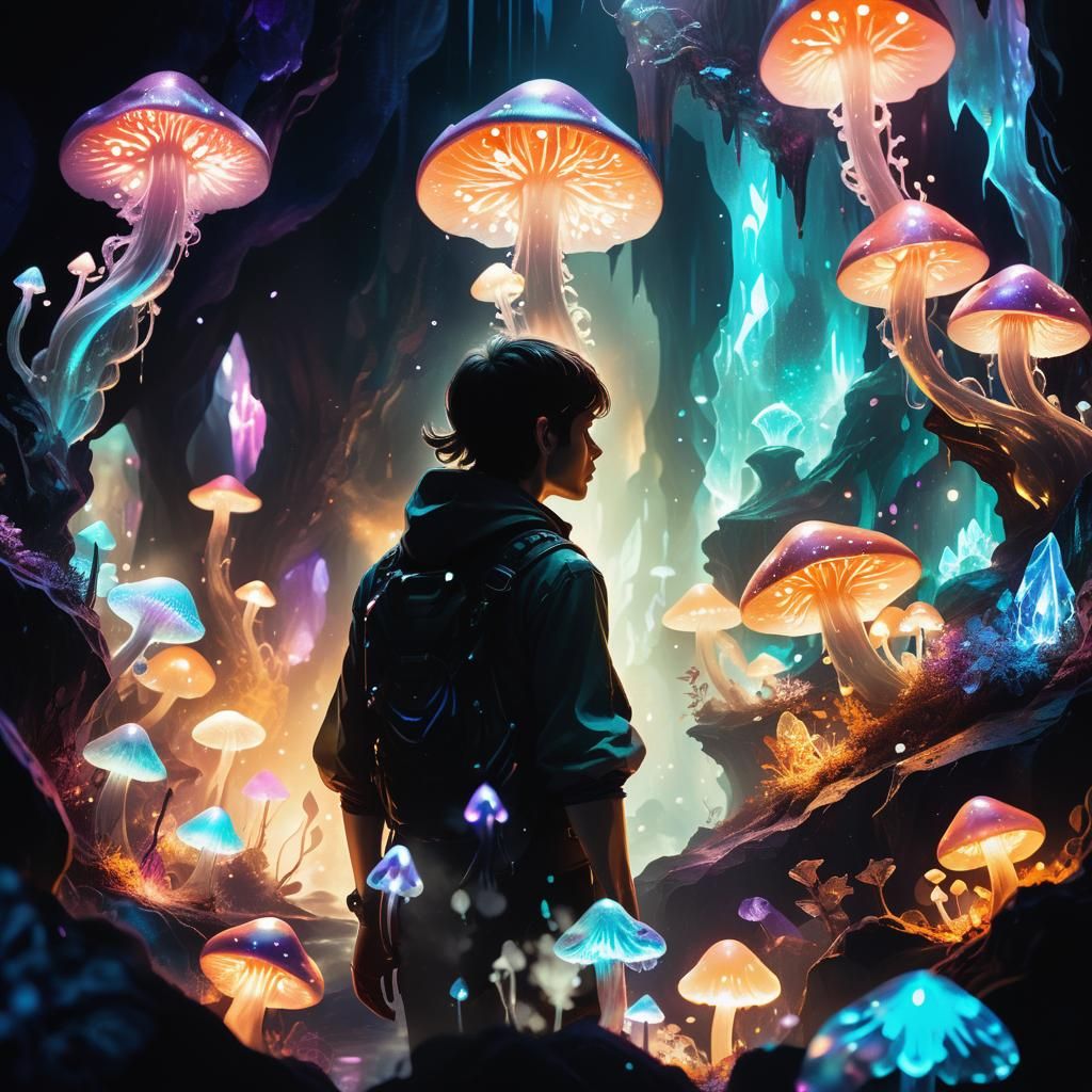 Ethereal Fantasy Crystal Cavern: Neon Ink Splatter Art