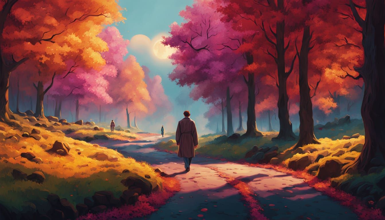 Hyperrealistic Moonlit Path Scene in Vibrant Colors