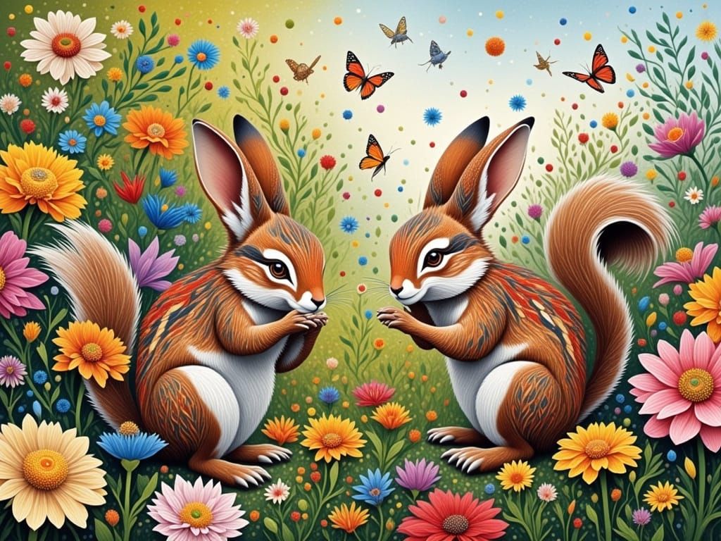 Lively Garden with Bunnies and Squirrels in Pointillism