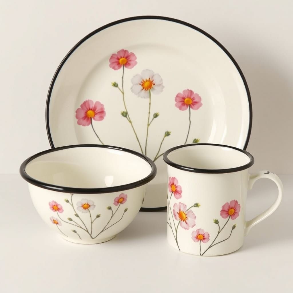 Enamelware Still Life with Cosmos Flowers