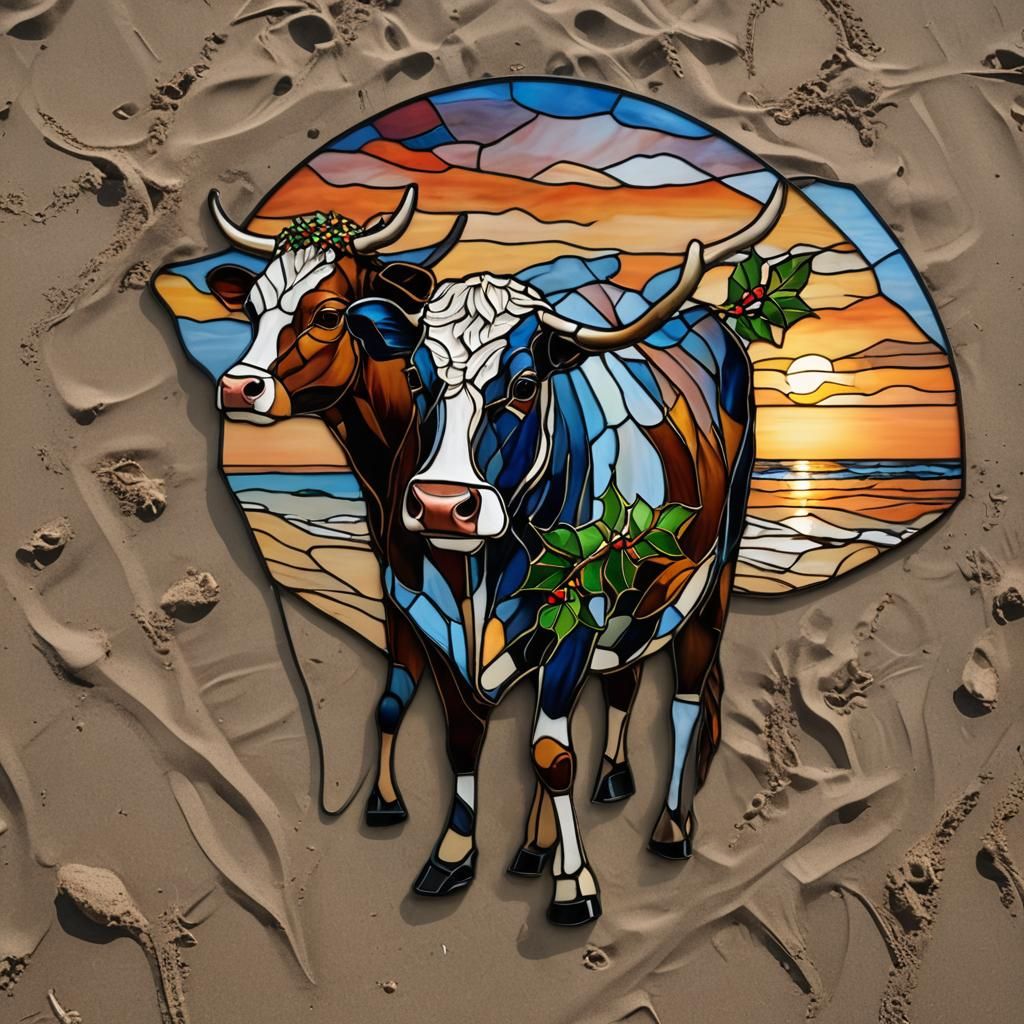Stained Glass Cow on Beach at Sunset