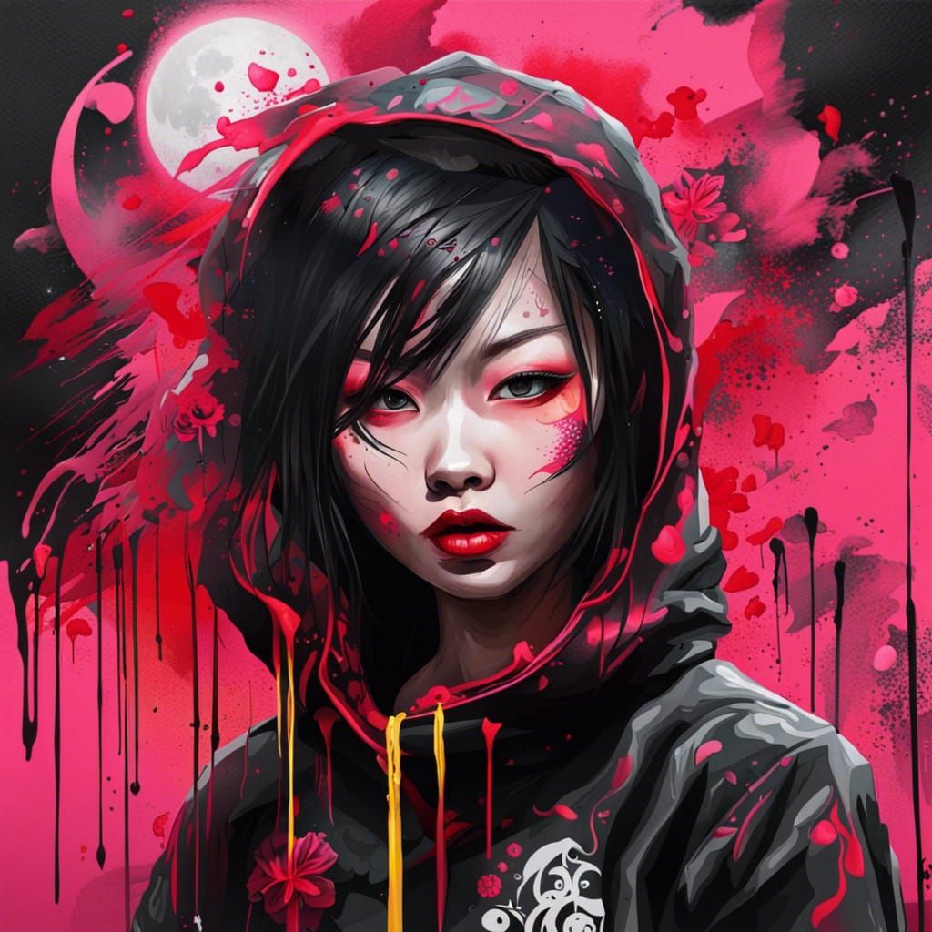 Gothic Asian Woman with Red Moon in Graffiti Art