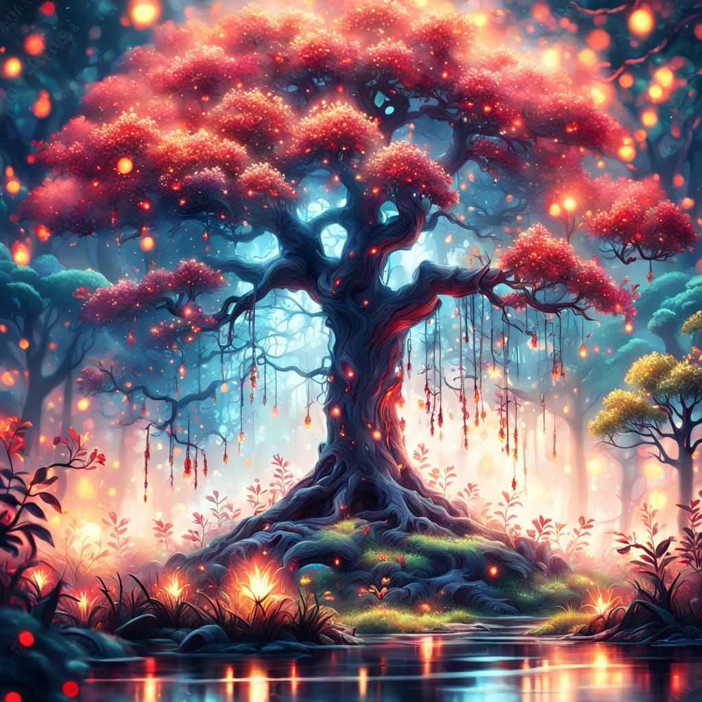 Crimson Tree in Mystical Forest: Vibrant Digital Art