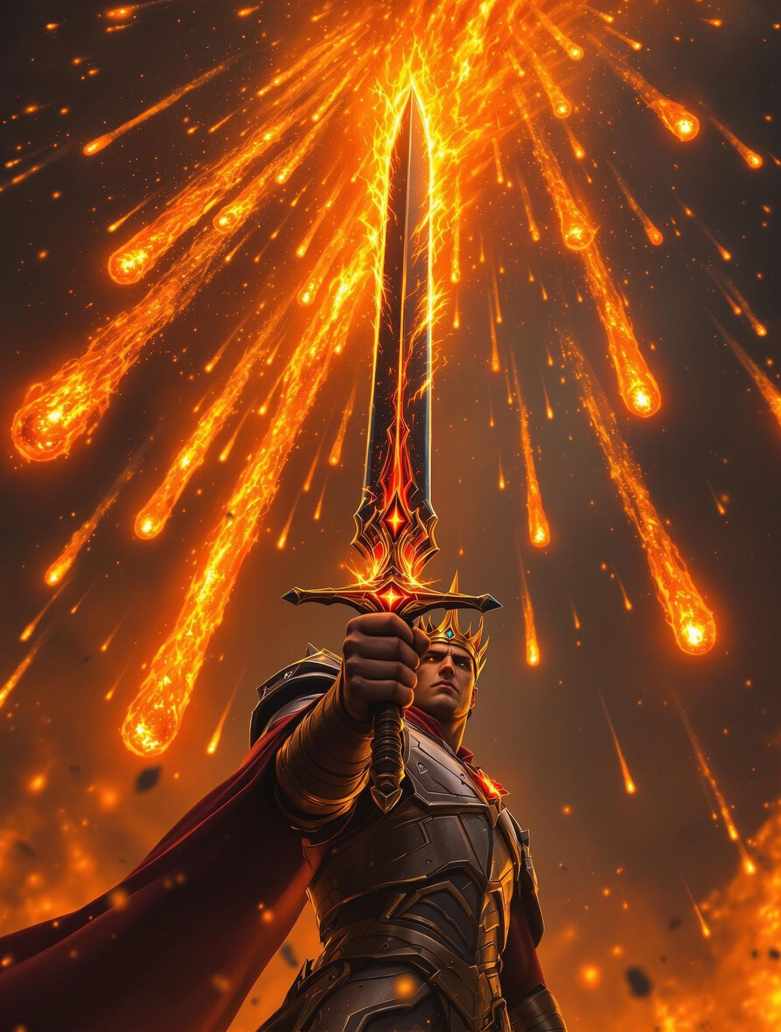 Heroic Warrior Holds Up Flaming Sword in a Cosmic Battle