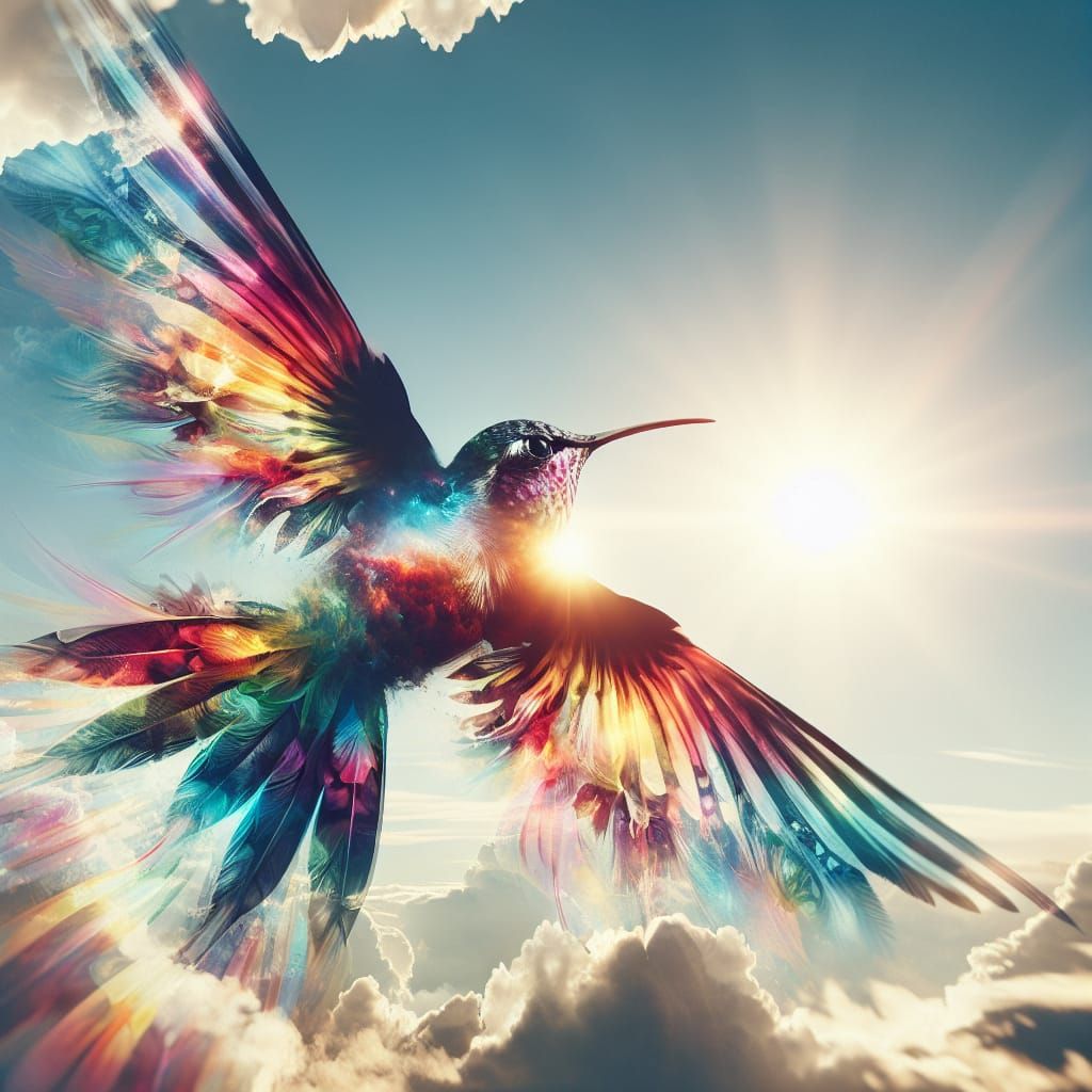 Rainbow Hummingbird Wings in Double Exposure Style