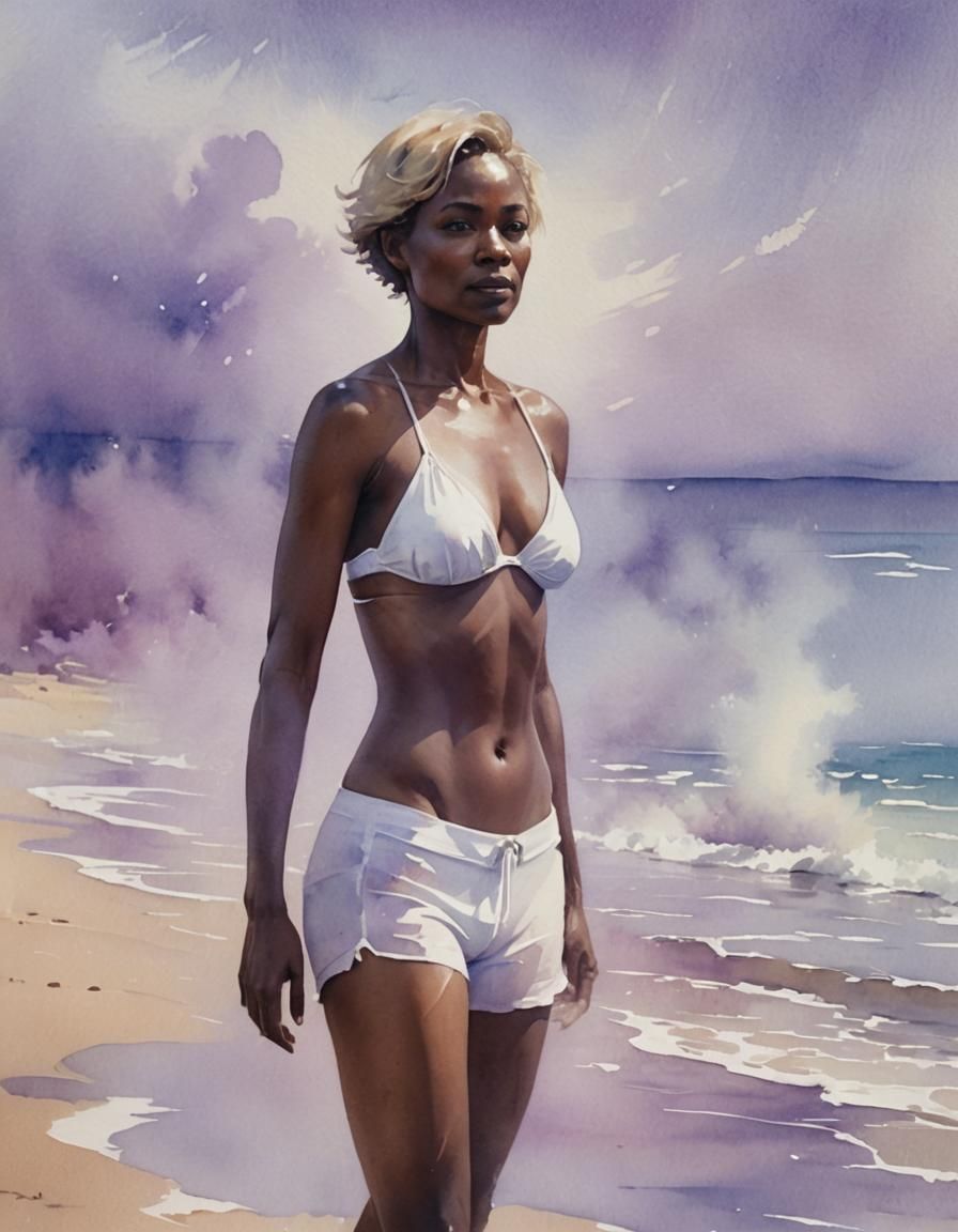 Ethereal Watercolor of Dark Skinned Woman in Beachy Blues