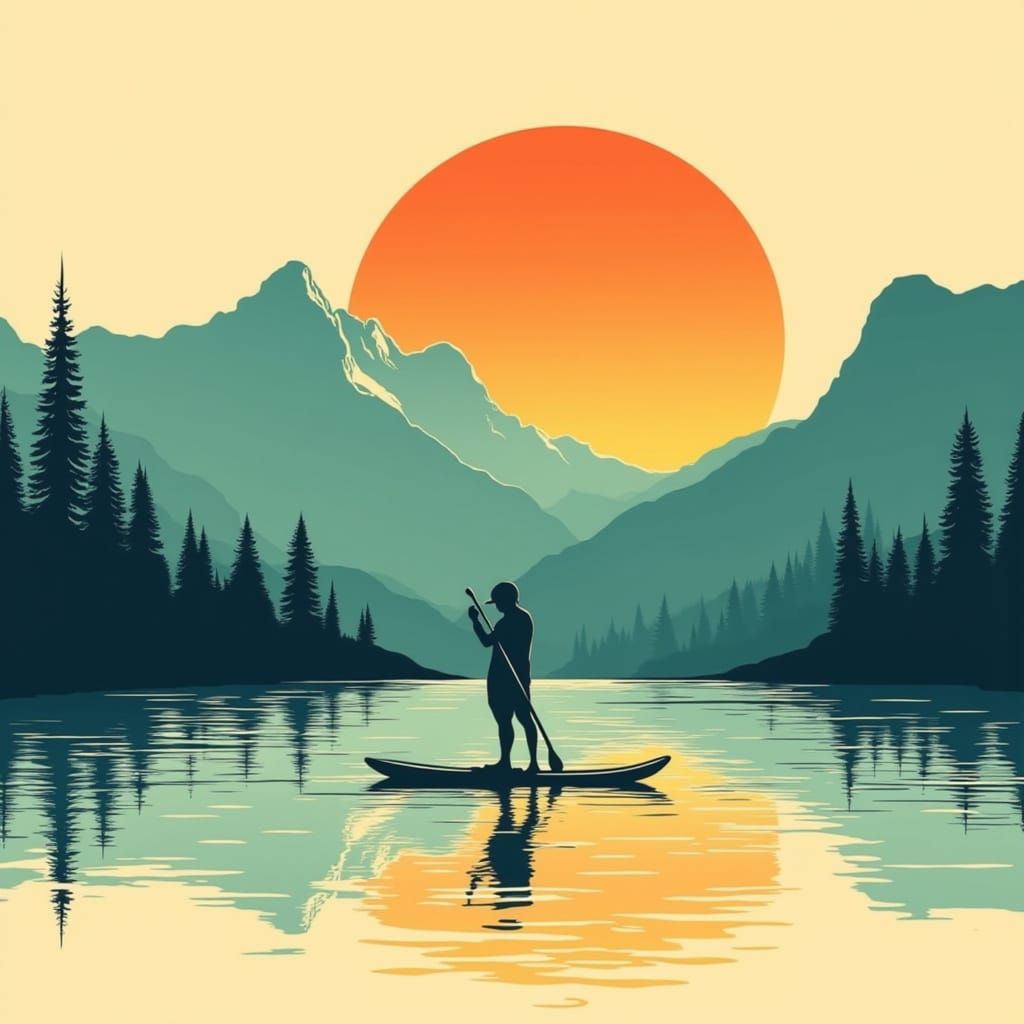 Stand-Up Paddleboarder at Sunset in Minimalist Poster Style