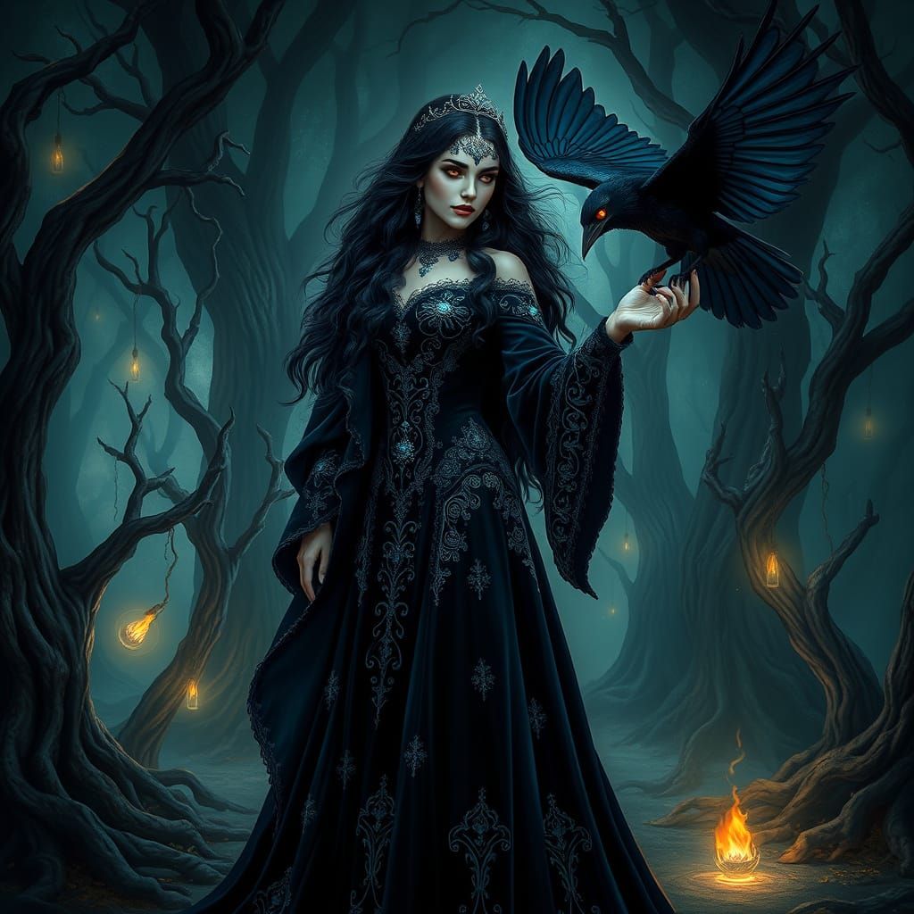 Mystical Sorceress in Midnight Velvet Gown