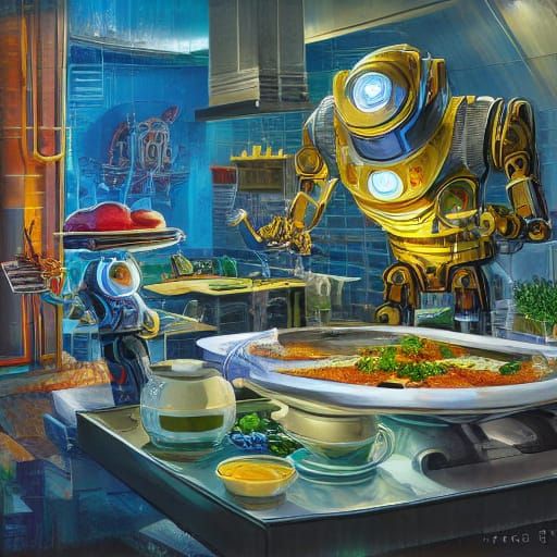 Robot Chef Prepares Meal in Warmly Lit Kitchen